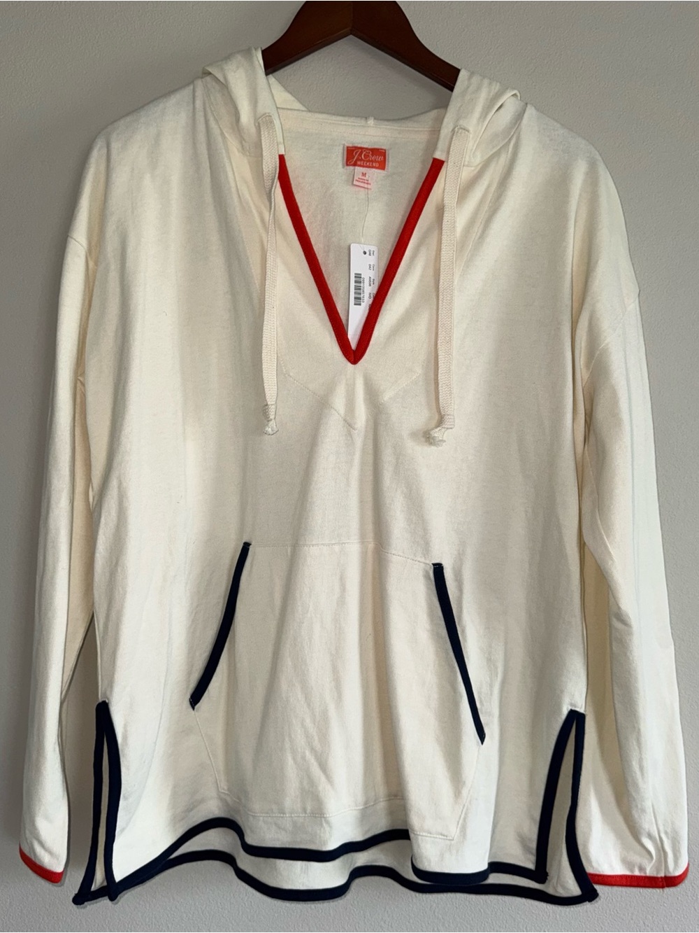 J.Crew Weekend Tipped V-Neck Hoodie Mariner Cloth Cream Red Navy Medium
